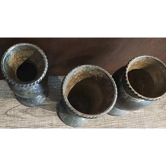 Set Of 3 Pottery Barn Silver Plated Vases Roped Trim 5" Dark Cottagecore Moody - Picture 3 of 4
